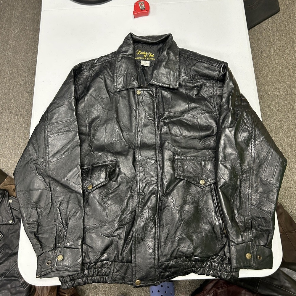 Leather & Soul Patchwork Bomber Jacket Mens Large Black Genuine Leather F3